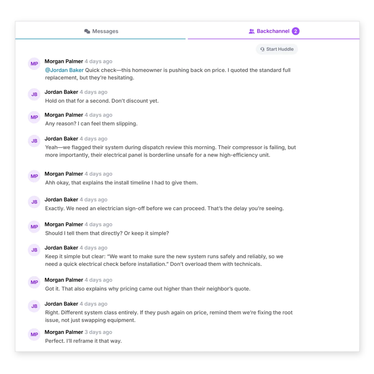 Team members using Backchannel for in-the-moment coaching during a live customer conversation