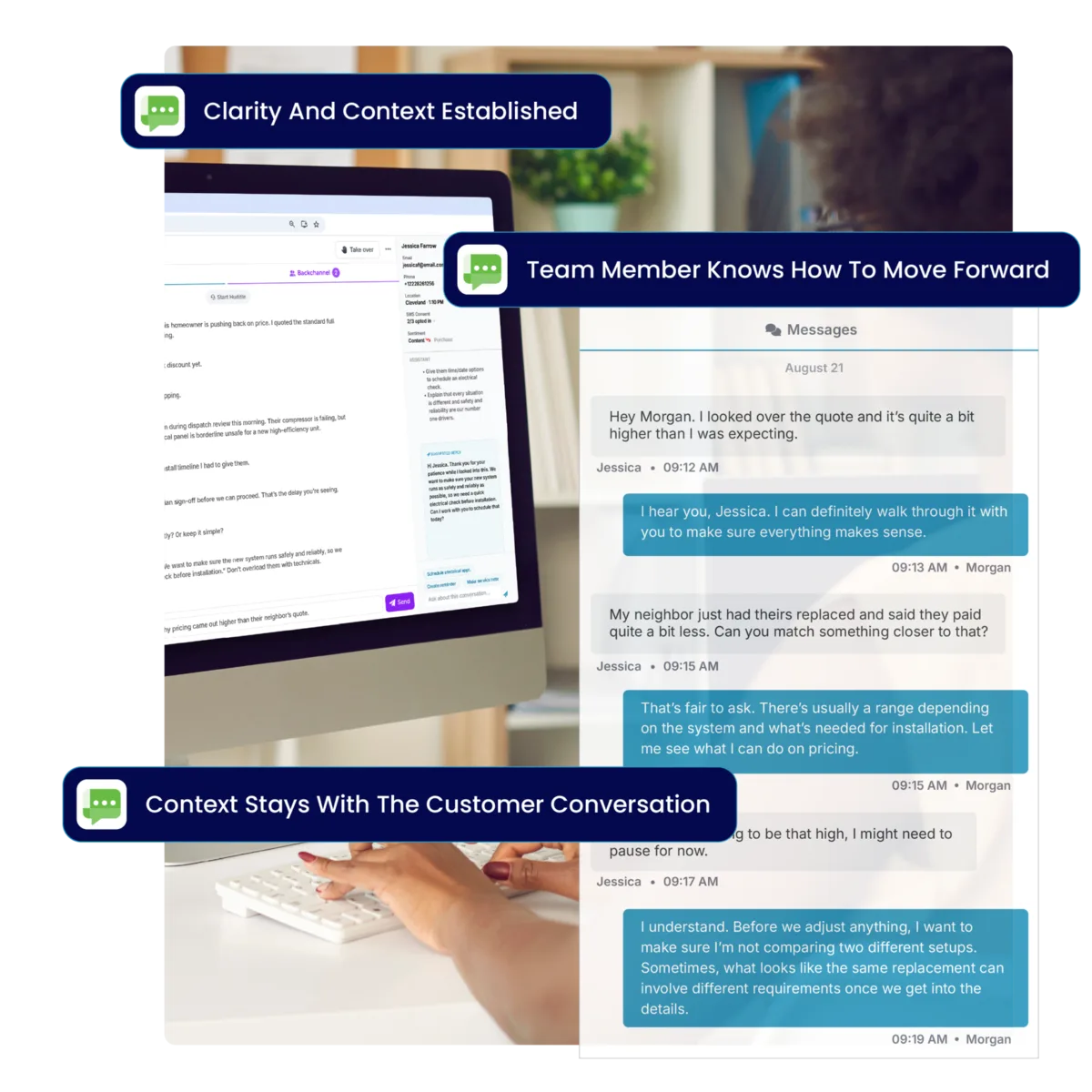 Backchannel internal team chat inside a customer conversation in VirtualText