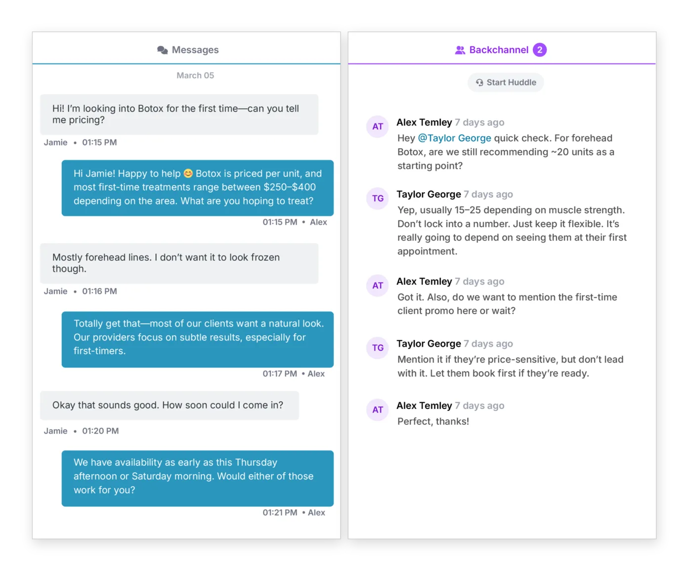 Customer thread and Backchannel side by side so teams collaborate without leaving the conversation